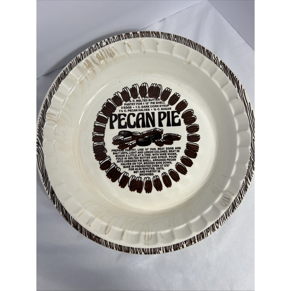 Vintage 11" Pecan Pie Recipe Pie Plate – Brown & White Ceramic – Retro